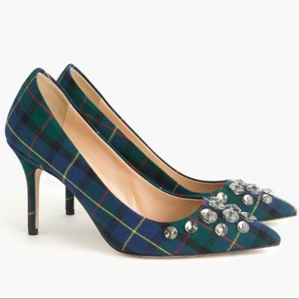 J. Crew Elsie Embellished Plaid Pumps